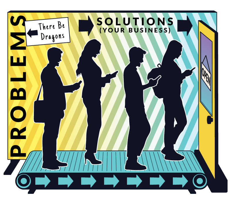 A conveyor belt with silhouettes progressing toward a door labeled 'Solutions,' symbolizing how Pegasus, a top website design company, turns visitors into loyal customers with website SEO and ROI-driven strategies.