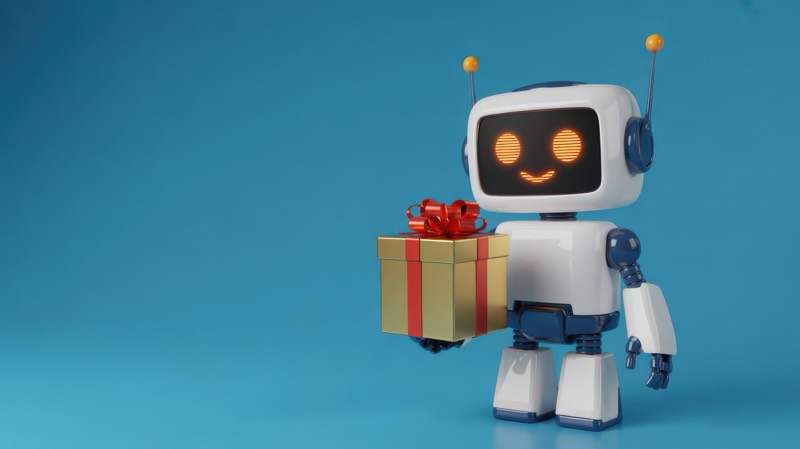 Adorable robot holding a gift box with a red ribbon on a blue background | Pegasus Online