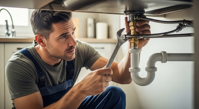 Skilled plumber repairs leaky pipes ensuring problem is handled efficiently Professional plumber is working under sink using wrench and taking care of plumbing issues at home