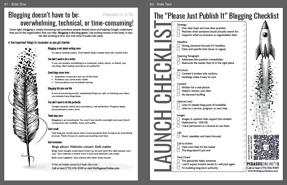 Screenshot of workshop printout | Pegasus Online Encouragement on one side. Simple SEO blogging checklist on the other.