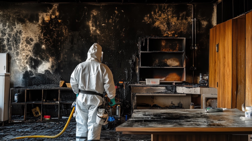 Fire damage restoration worker in protective suit inspects a charred kitchen after getting job through restoration marketing 