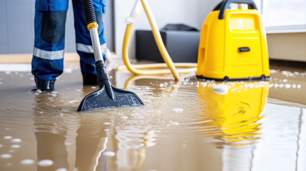 A plumber using a water vacuum to clear a flooded basement, hoses and equipment spread out. 