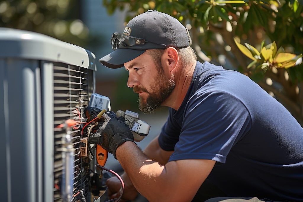 Technician working on air conditioning outdoor unit on hot sunny day. HVAC worker 
